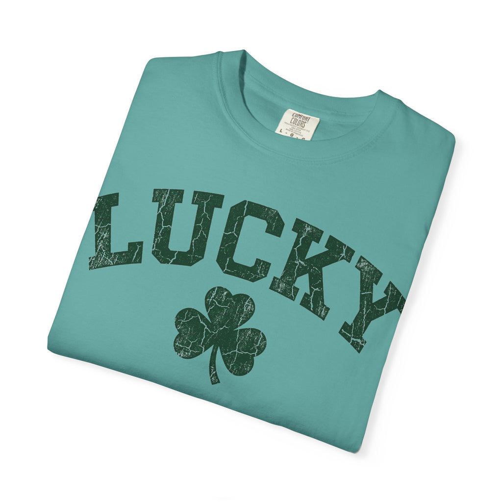 Lucky Clover Collegiate Shirt, Cracked Varsity Green Tee, St Patricks Day Shirt, Shamrock Gift