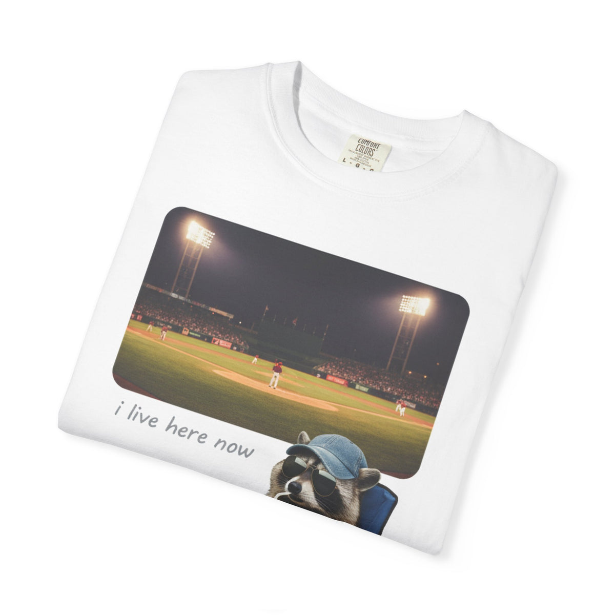 I Live Here Now Ballpark Raccoon Shirt, Funny Baseball Parent Tee, Camp Chair Raccoon Shirt, Sports Mom Gift