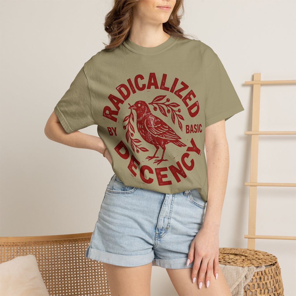 Radicalized By Basic Decency Red Bird Shirt, Folk Stamp Activist Tee, Kindness Protest Shirt, Ally Gift