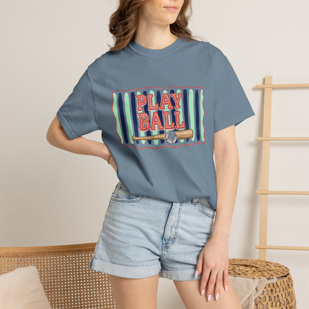 Play Ball Shirt, Painted Stripe Baseball Tee, Vintage Baseball Mom Shirt, Game Day Gift