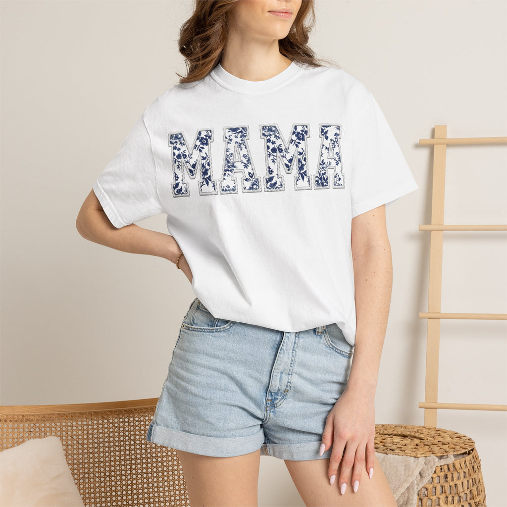 Mama Blue Toile Shirt, Delft Floral Applique Varsity Tee, Chinoiserie Mom Shirt, Mothers Day Gift