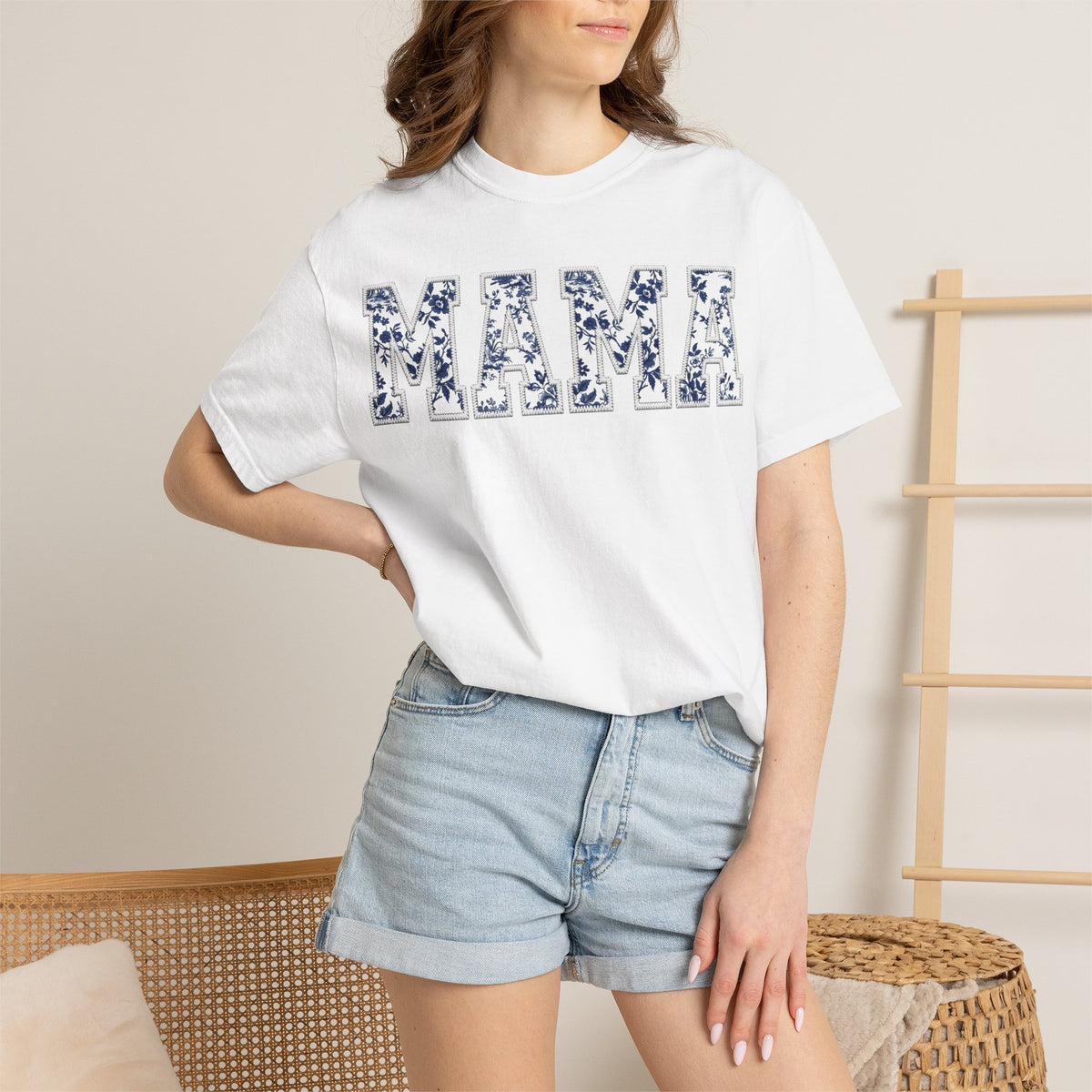 Mama Blue Toile Shirt, Delft Floral Applique Varsity Tee, Chinoiserie Mom Shirt, Mothers Day Gift