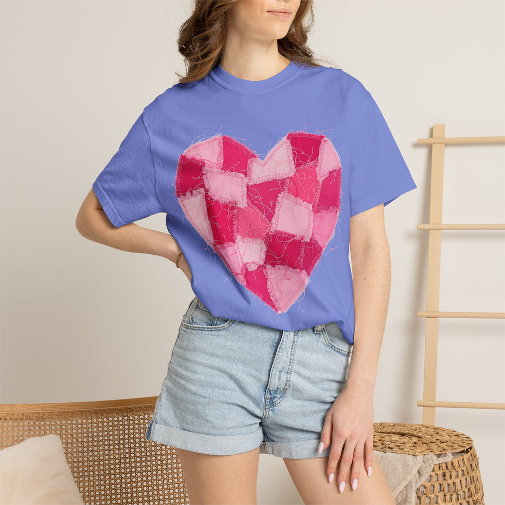 Hot Pink Patchwork Heart Shirt, Checkered Quilt Heart Tee, Frayed Applique Valentine Shirt, Gift For Her