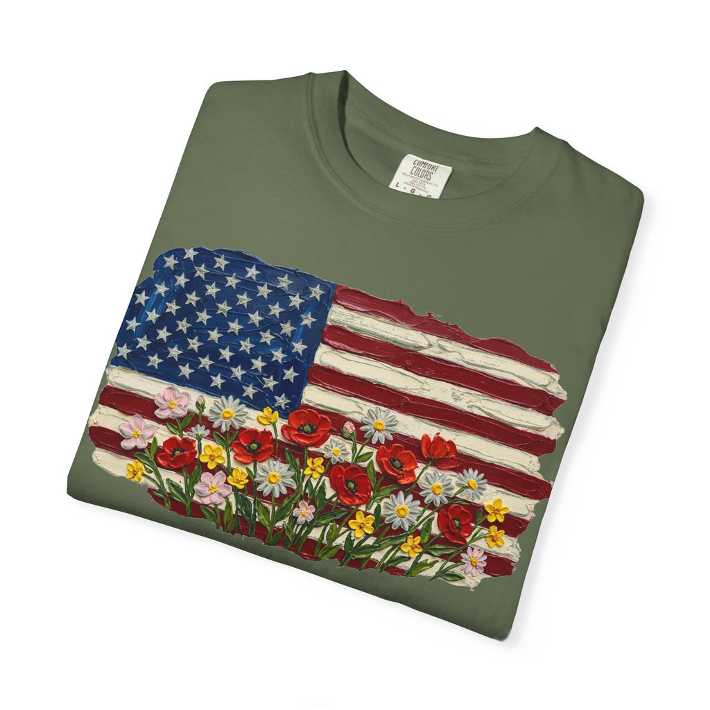 Impasto American Flag Wildflowers Shirt, Painted Flag Floral Tee, Patriotic Garden Shirt, Fourth Of July Gift