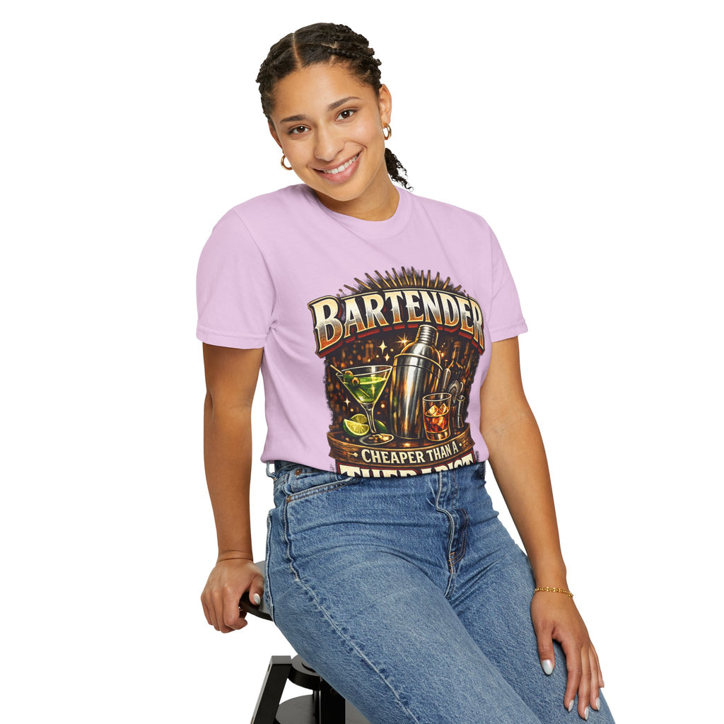 Bartender T-Shirt — "Bartender: Cheaper Than a Therapist" Vintage Bar Graphic Tee