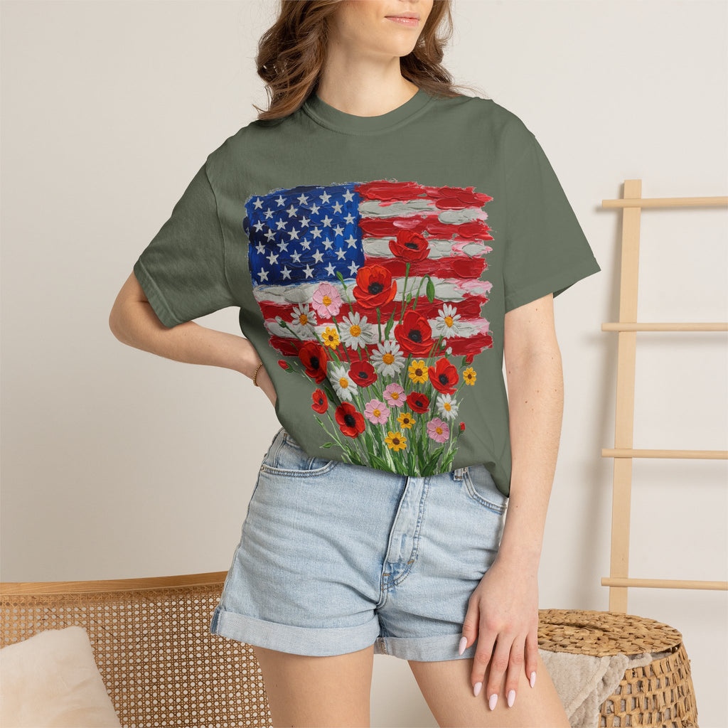 American Flag Poppy Bouquet Shirt, Impasto Patriotic Floral Tee, Memorial Day Shirt, Veterans Gift