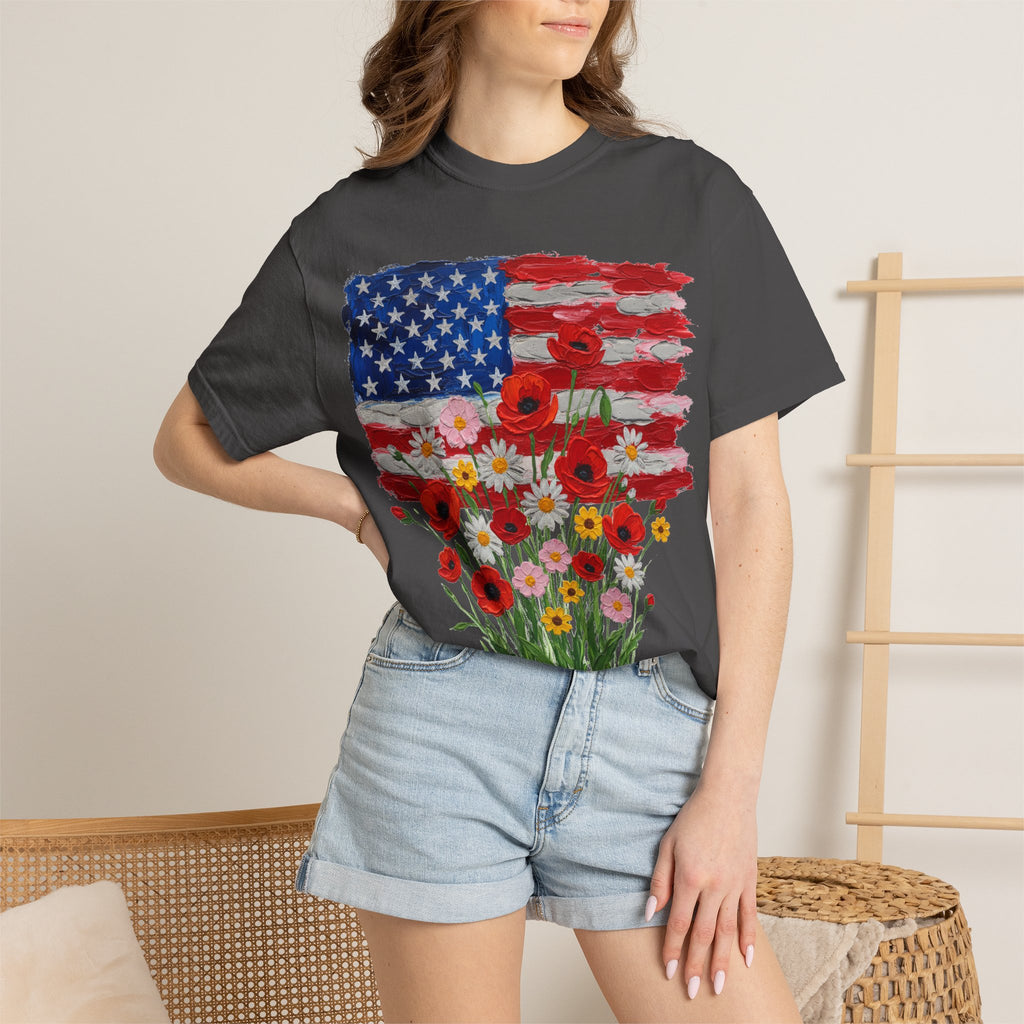 American Flag Poppy Bouquet Shirt, Impasto Patriotic Floral Tee, Memorial Day Shirt, Veterans Gift