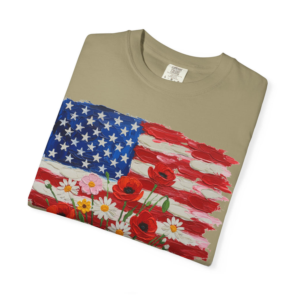 American Flag Poppy Bouquet Shirt, Impasto Patriotic Floral Tee, Memorial Day Shirt, Veterans Gift