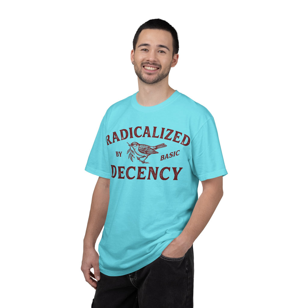 Radicalized By Basic Decency Bold Shirt, Engraved Bird Typography Tee, Kindness Statement Shirt, Protest Gift