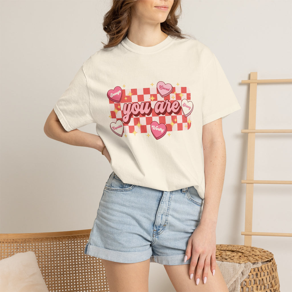 You Are Enough Loved Worthy Shirt, Conversation Heart Checkerboard Tee, Affirmation Valentine Shirt, Gift For Her