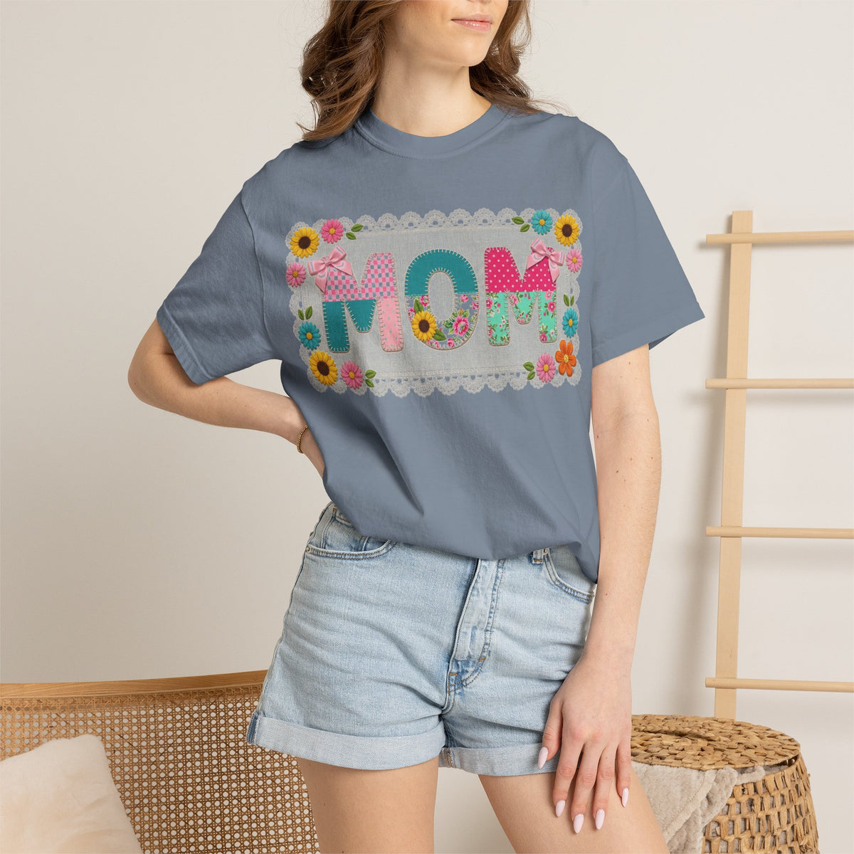 Mom Patchwork Applique Shirt, Faux Embroidery Floral MOM Tee, Mothers Day Shirt, Gift For Mom