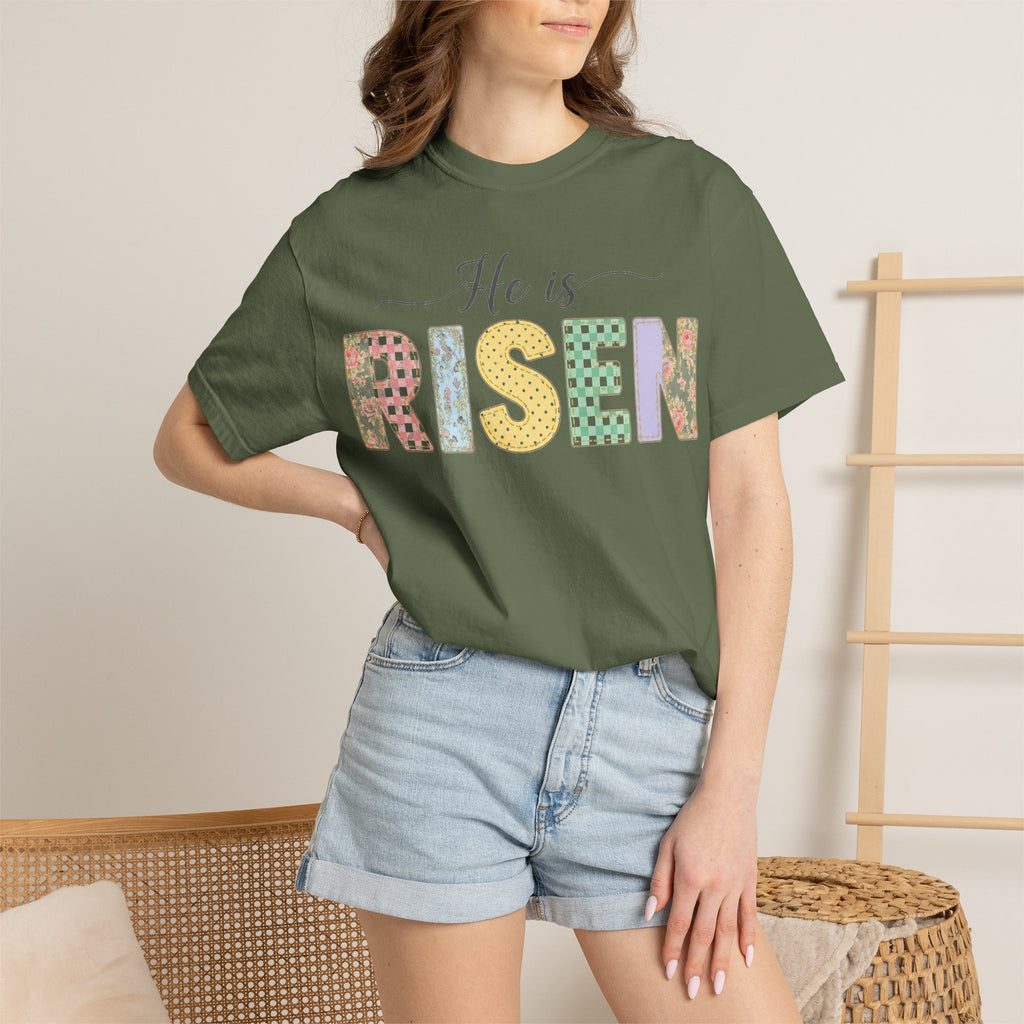 He Is Risen Pastel Patch Shirt, Easter Faux Stitch Letter Tee, Christian Spring Shirt, Easter Gift