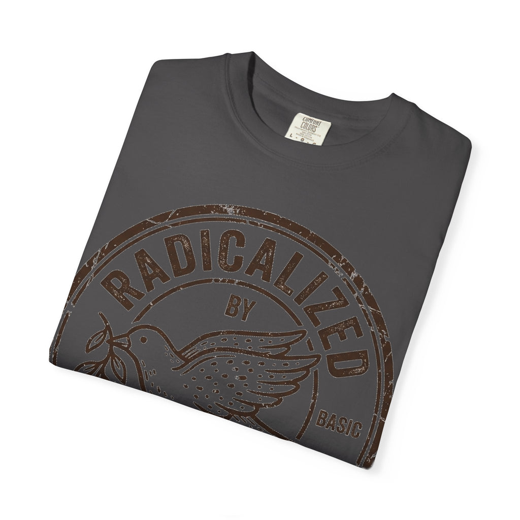 Radicalized By Basic Decency Brown Stamp Shirt, Flying Dove Badge Tee, Kindness Activist Shirt, Ally Gift