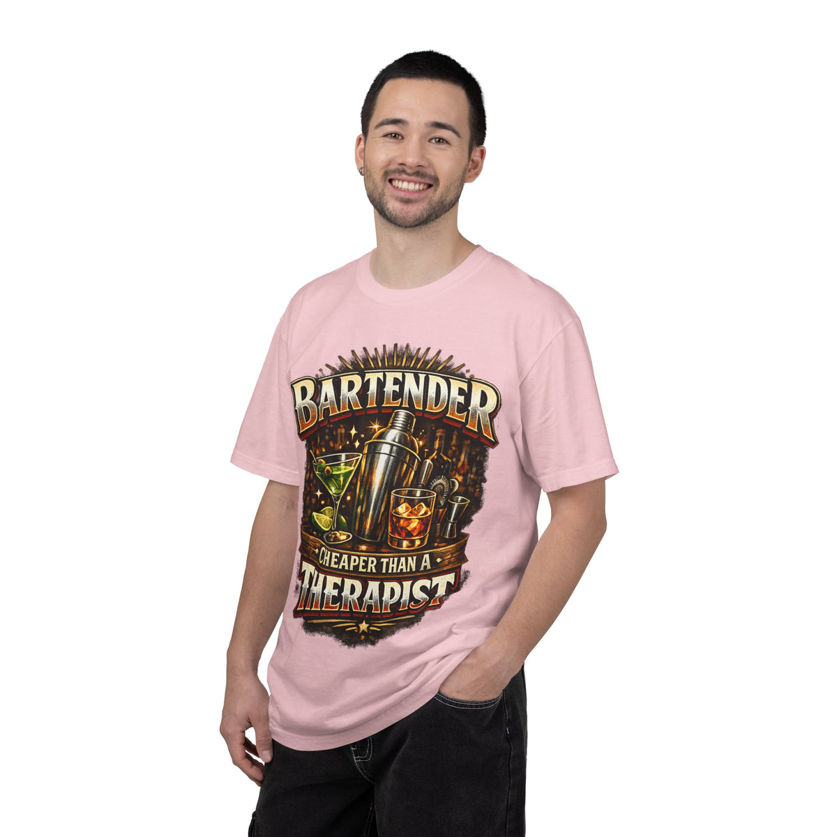 Bartender T-Shirt — "Bartender: Cheaper Than a Therapist" Vintage Bar Graphic Tee