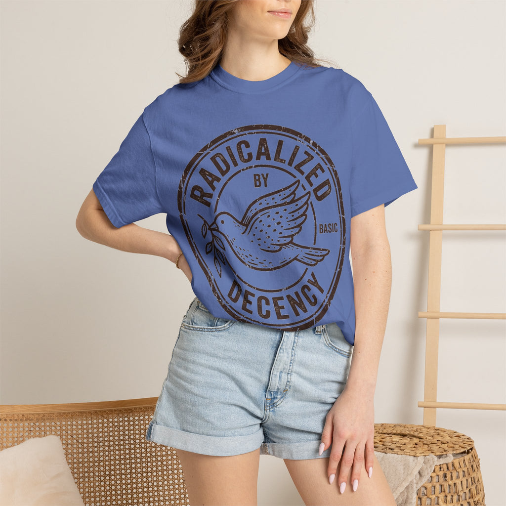 Radicalized By Basic Decency Brown Stamp Shirt, Flying Dove Badge Tee, Kindness Activist Shirt, Ally Gift
