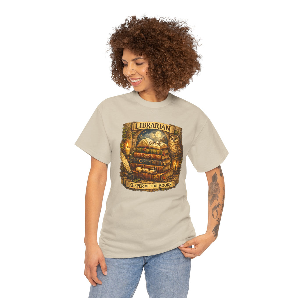 Librarian 'Keeper of the Books' T-Shirt — Vintage Bookstack & Owl Graphic