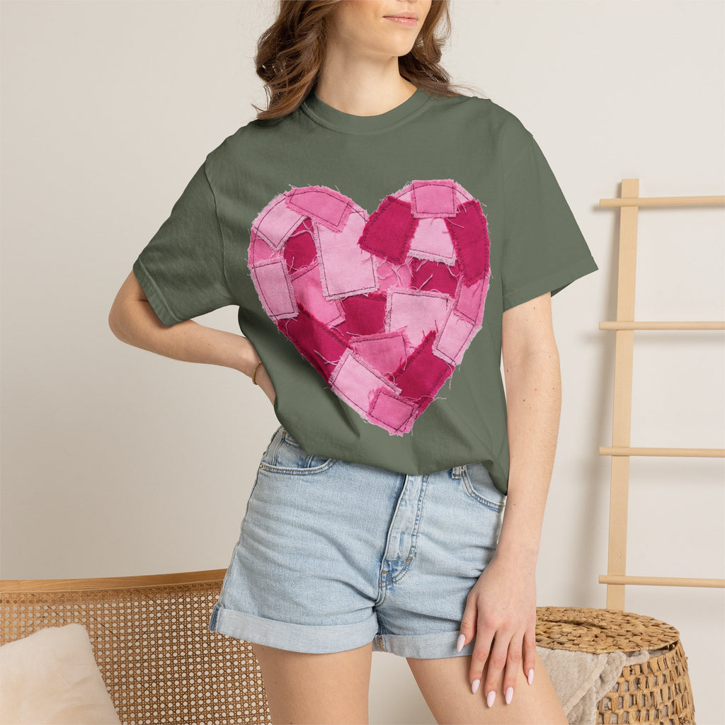 Patchwork Heart Shirt, Frayed Pink Quilt Heart Tee, Shabby Chic Valentine Shirt, Cozy Gift