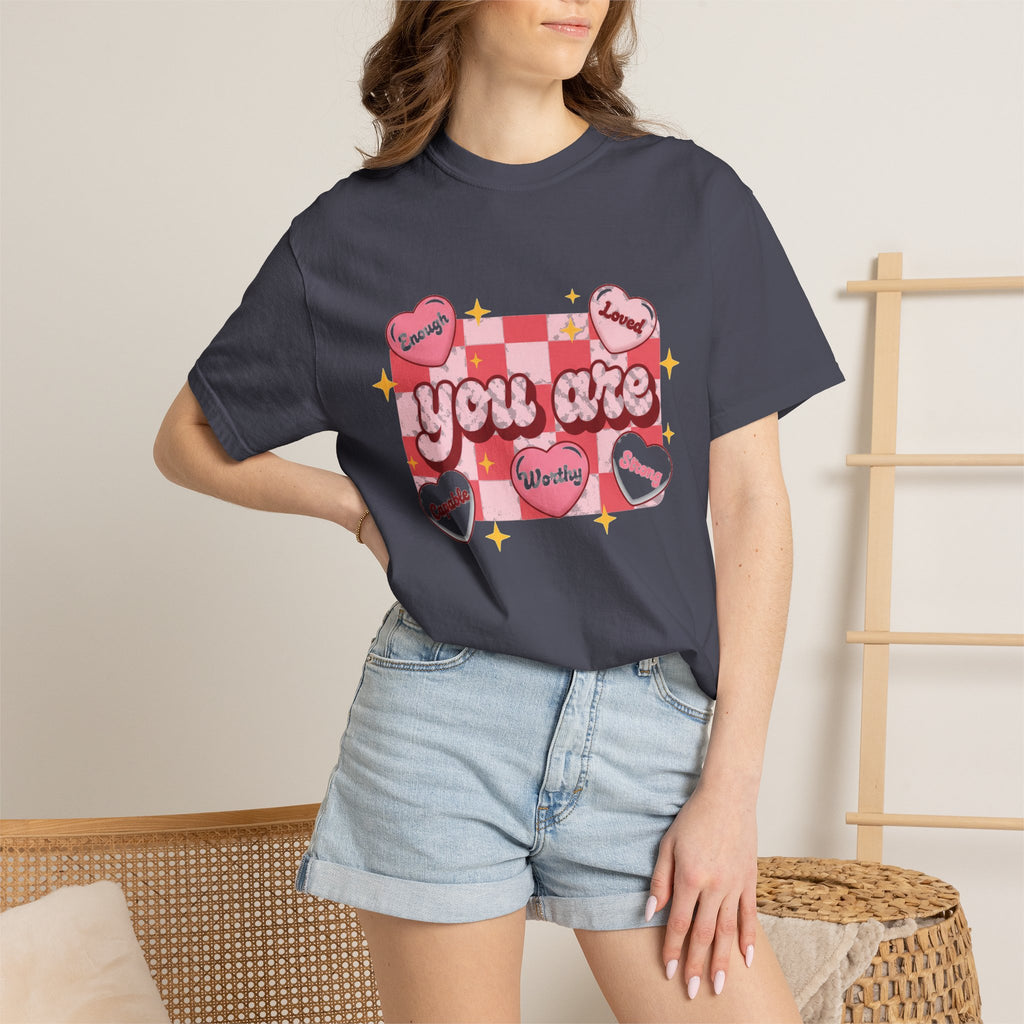 You Are Enough Pink Check Shirt, Affirmation Conversation Heart Tee, Valentines Shirt, Self Love Gift