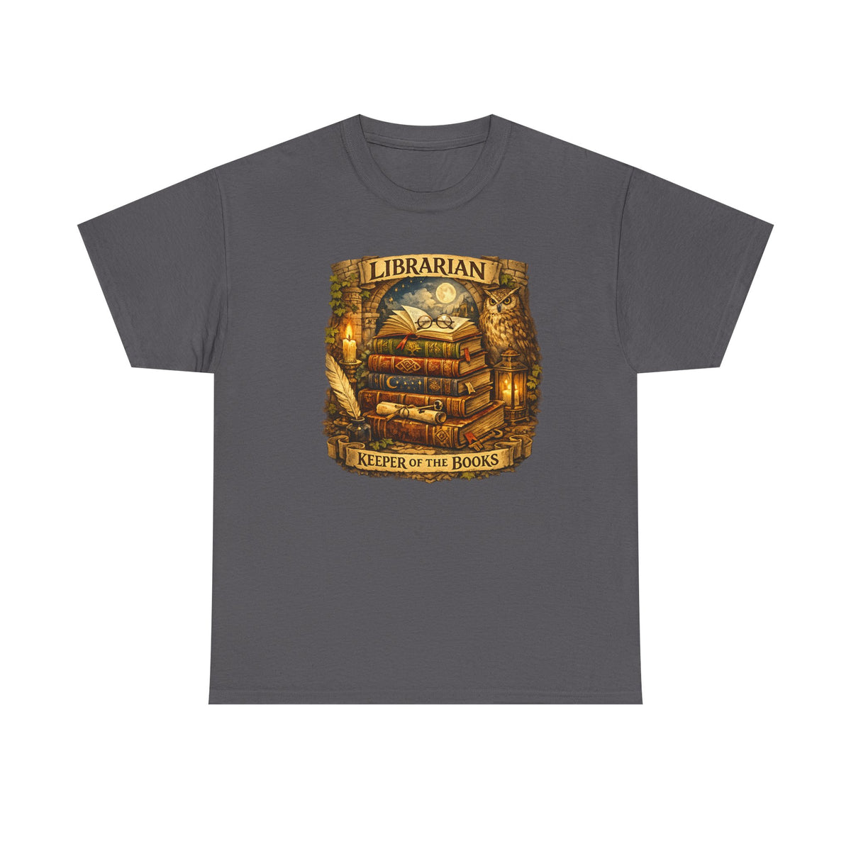 Librarian 'Keeper of the Books' T-Shirt — Vintage Bookstack & Owl Graphic