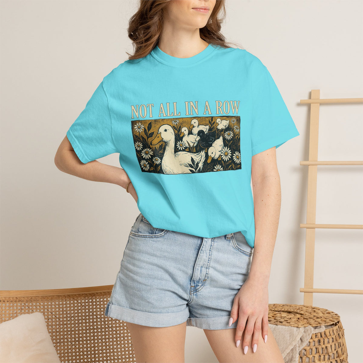 Not All In A Row Shirt, Woodcut Duck And Daisies Tee, Vintage Block Print Shirt, Funny Duck Gift