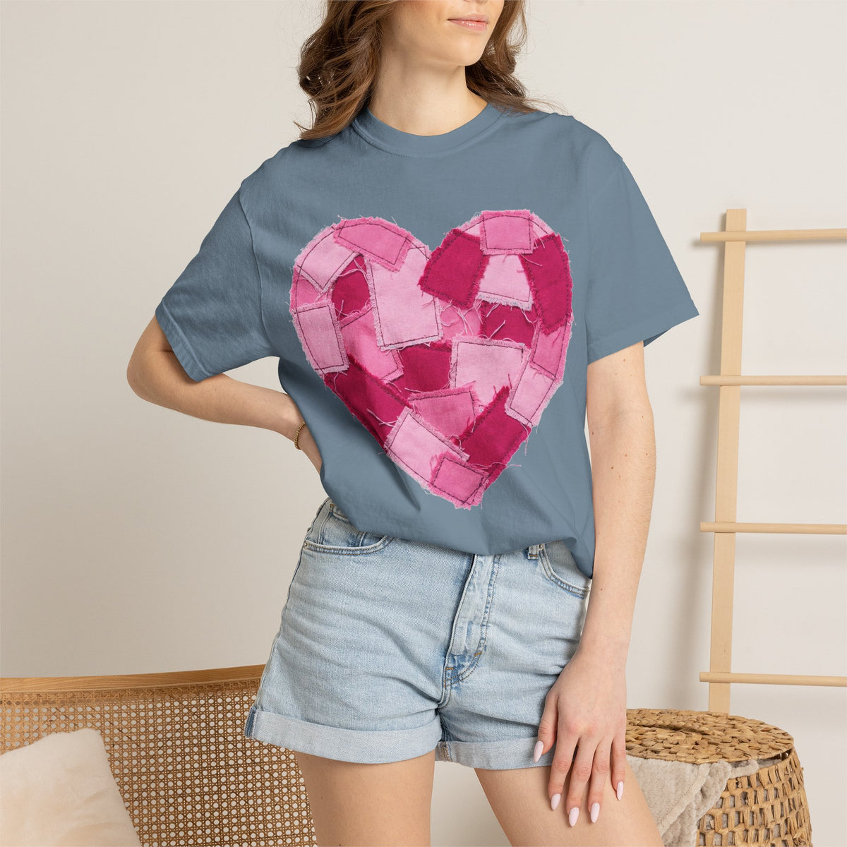 Patchwork Heart Shirt, Frayed Pink Quilt Heart Tee, Shabby Chic Valentine Shirt, Cozy Gift