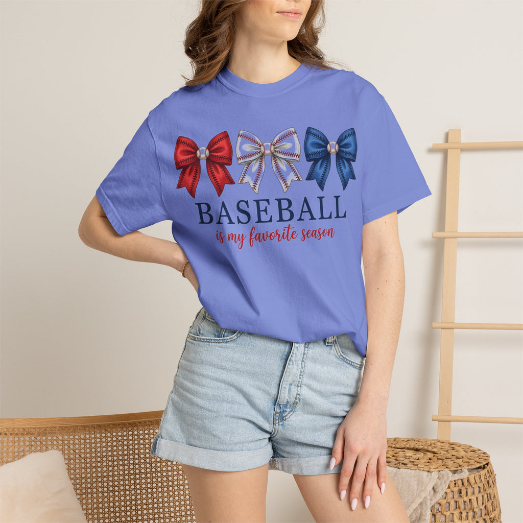 Baseball Is My Favorite Season Tee, Small Bow Trio Baseball Shirt, Coquette Sports Mom Shirt, Game Day Gift