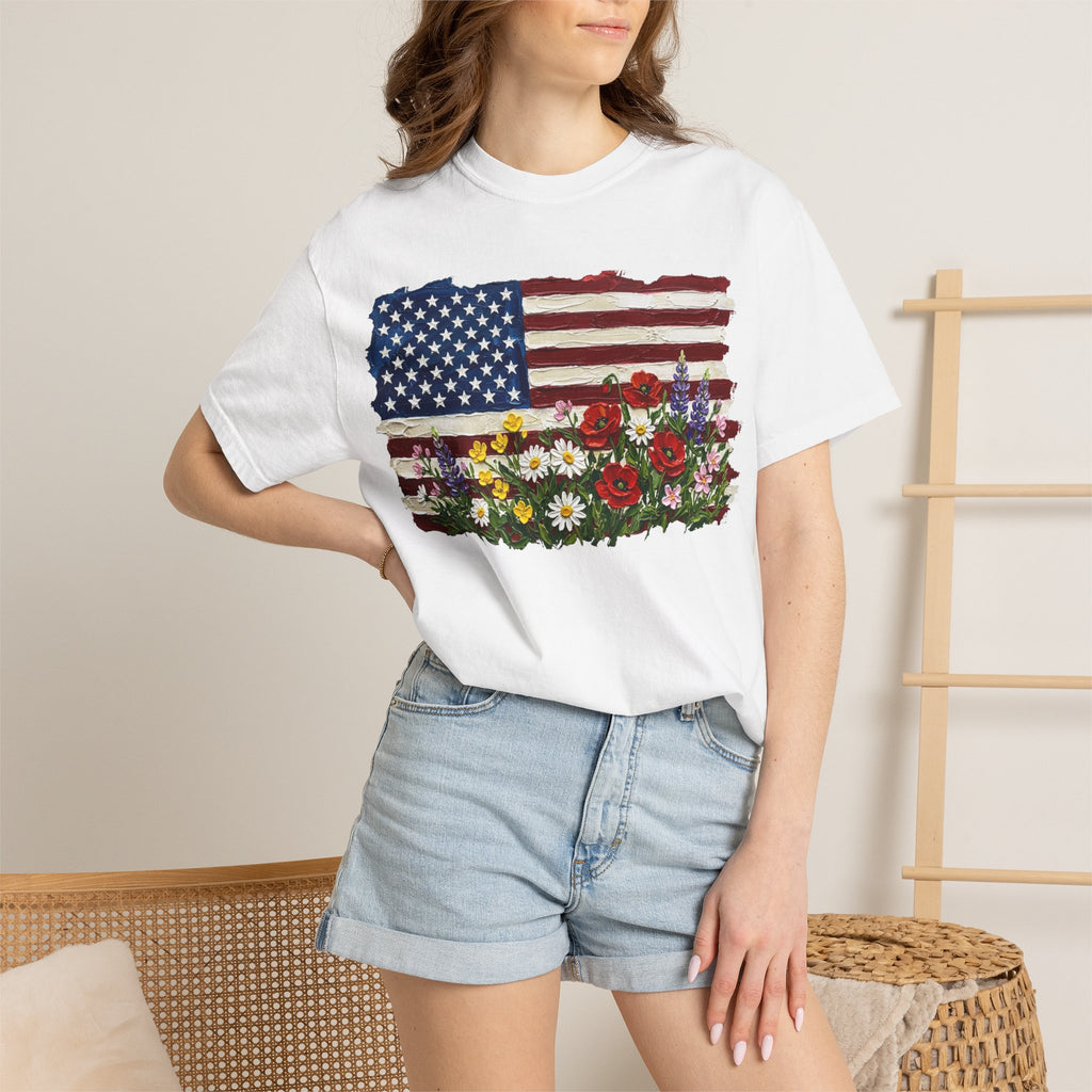 Painted Flag Wildflower Meadow Shirt, Impasto Americana Floral Tee, Patriotic Shirt, Independence Day Gift