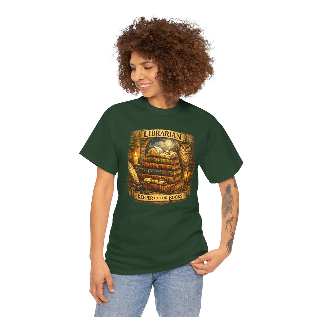 Librarian 'Keeper of the Books' T-Shirt — Vintage Bookstack & Owl Graphic