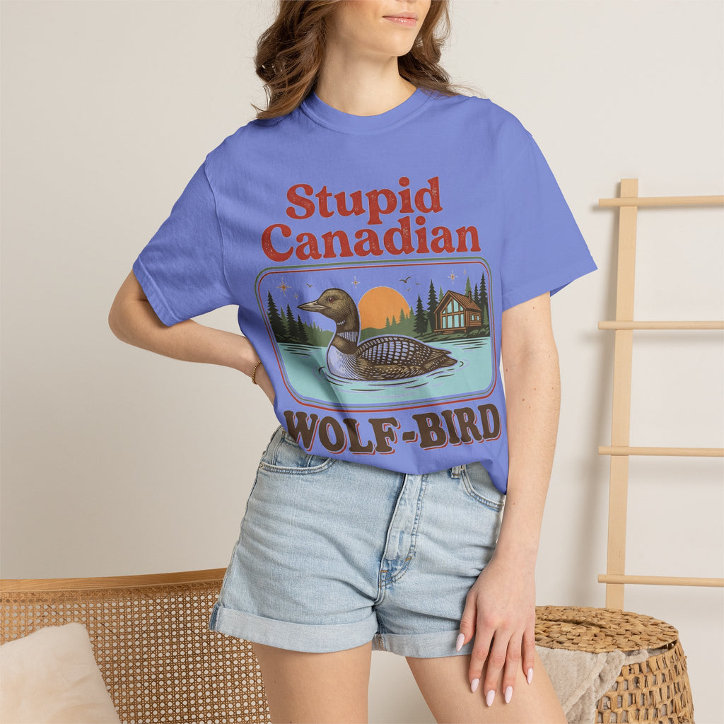Stupid Canadian Wolf-Bird Classic Shirt, Loon Lake Scene Badge Tee, Funny Cabin Shirt, Lake Life Gift