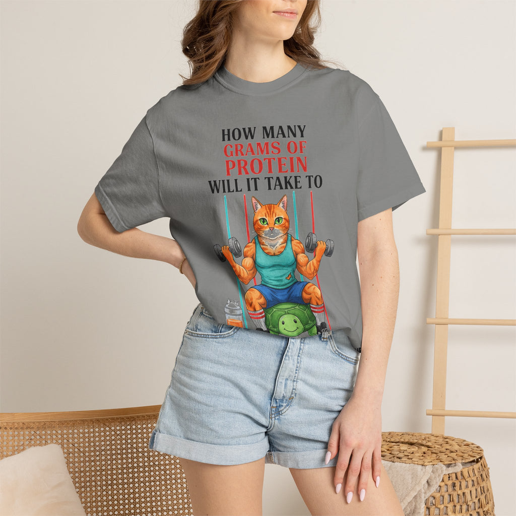 How Many Grams Of Protein Tall Shirt, Funny Buff Cat Gym Tee, Protein Humor Shirt, Weightlifting Gift