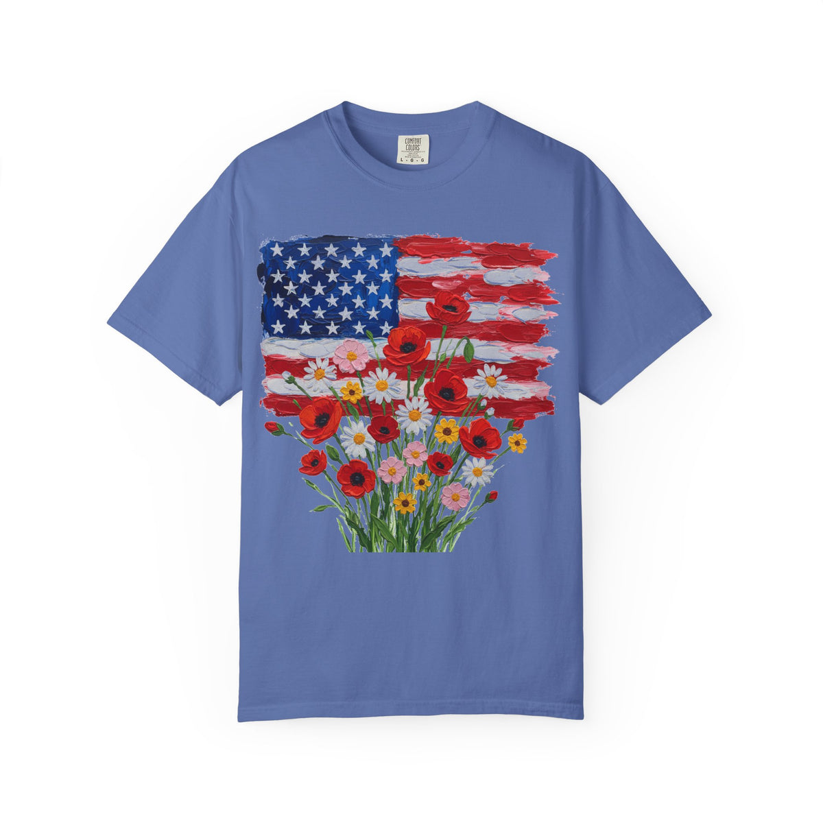 American Flag Poppy Bouquet Shirt, Impasto Patriotic Floral Tee, Memorial Day Shirt, Veterans Gift