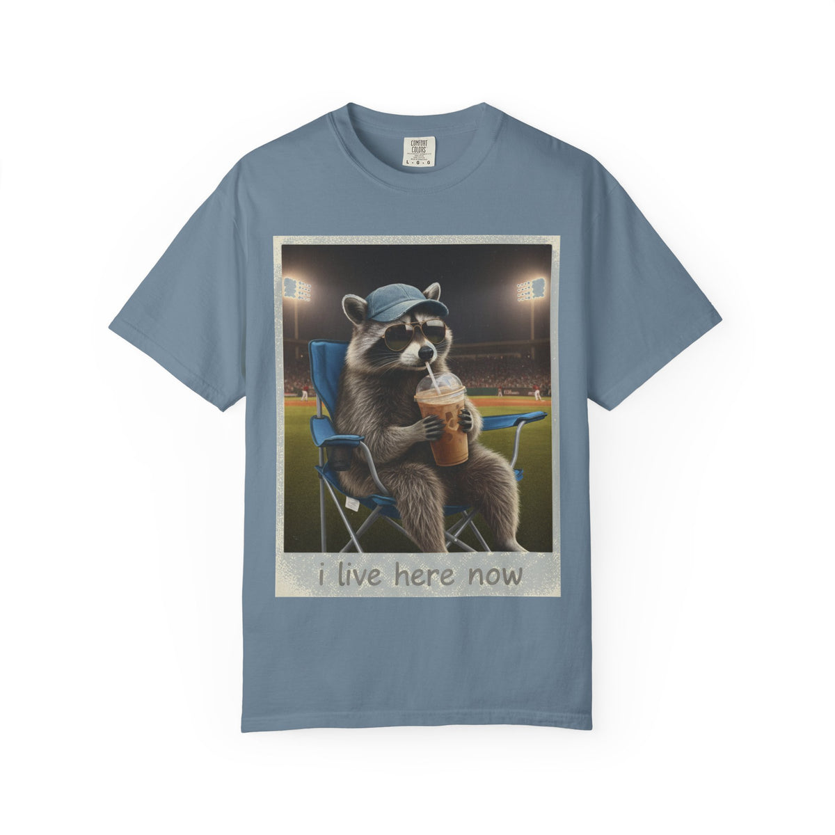 Baseball Raccoon Shirt, I Live Here Now Tee, Funny Ballpark Iced Coffee Shirt, Baseball Mom Gift
