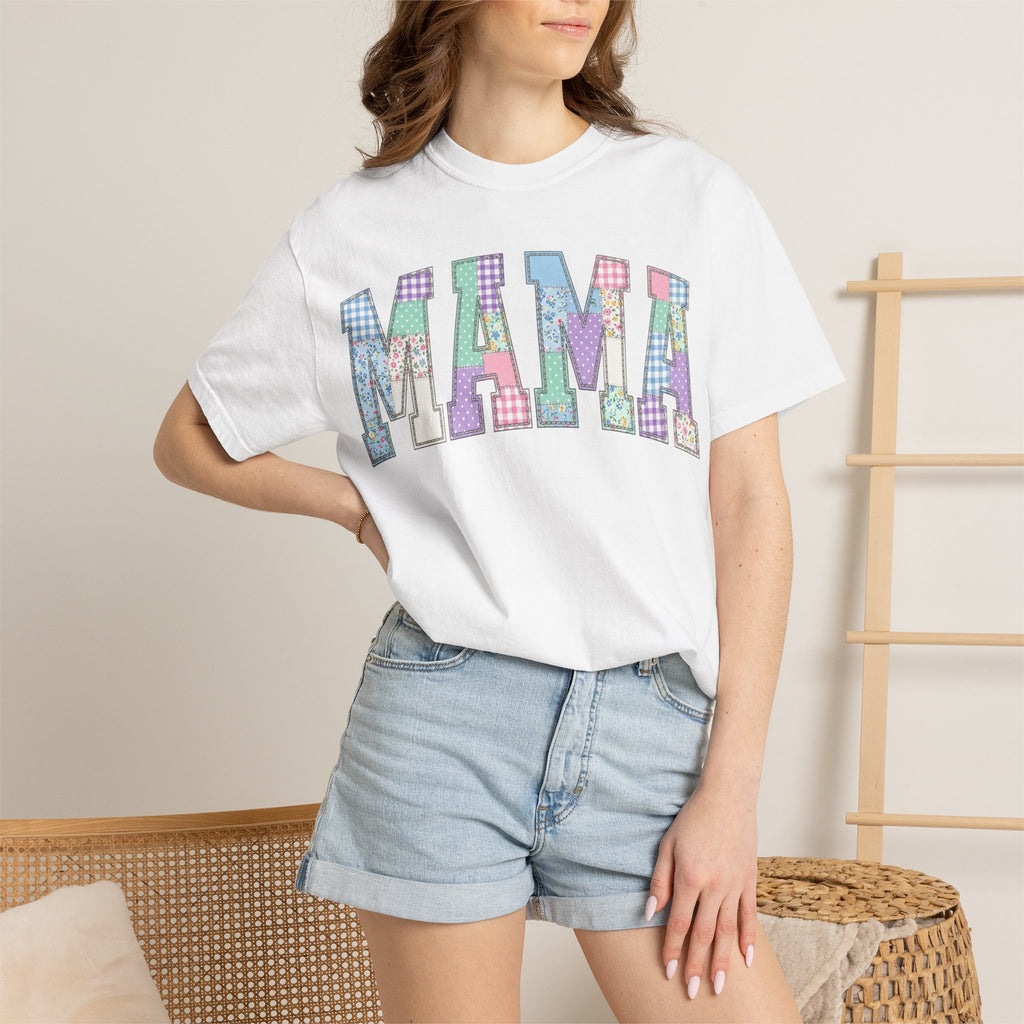 Mama Arched Patchwork Shirt, Pastel Quilt Letter Tee, Cottagecore Mom Shirt, Mothers Day Gift