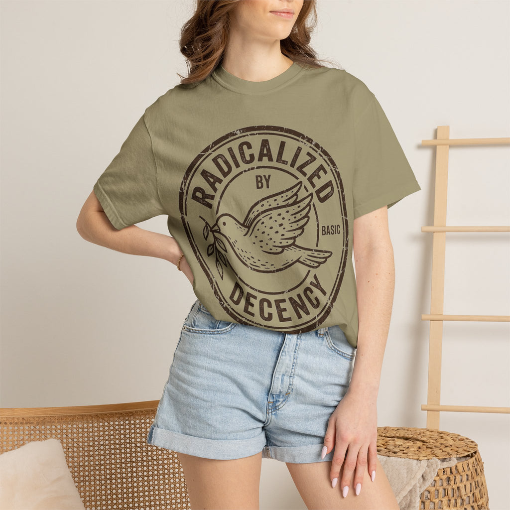 Radicalized By Basic Decency Brown Stamp Shirt, Flying Dove Badge Tee, Kindness Activist Shirt, Ally Gift