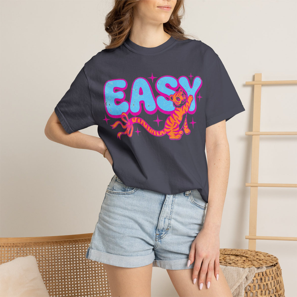 Easy Tiger Bow Shirt, Y2K Cub Bubble Type Tee, Retro Pink Blue Tiger Shirt, Trendy Gift