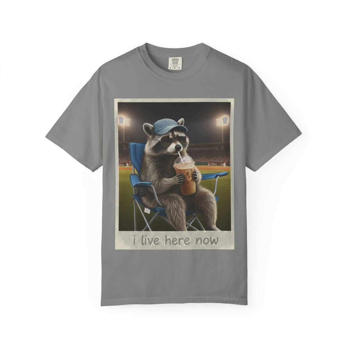 Baseball Raccoon Shirt, I Live Here Now Tee, Funny Ballpark Iced Coffee Shirt, Baseball Mom Gift
