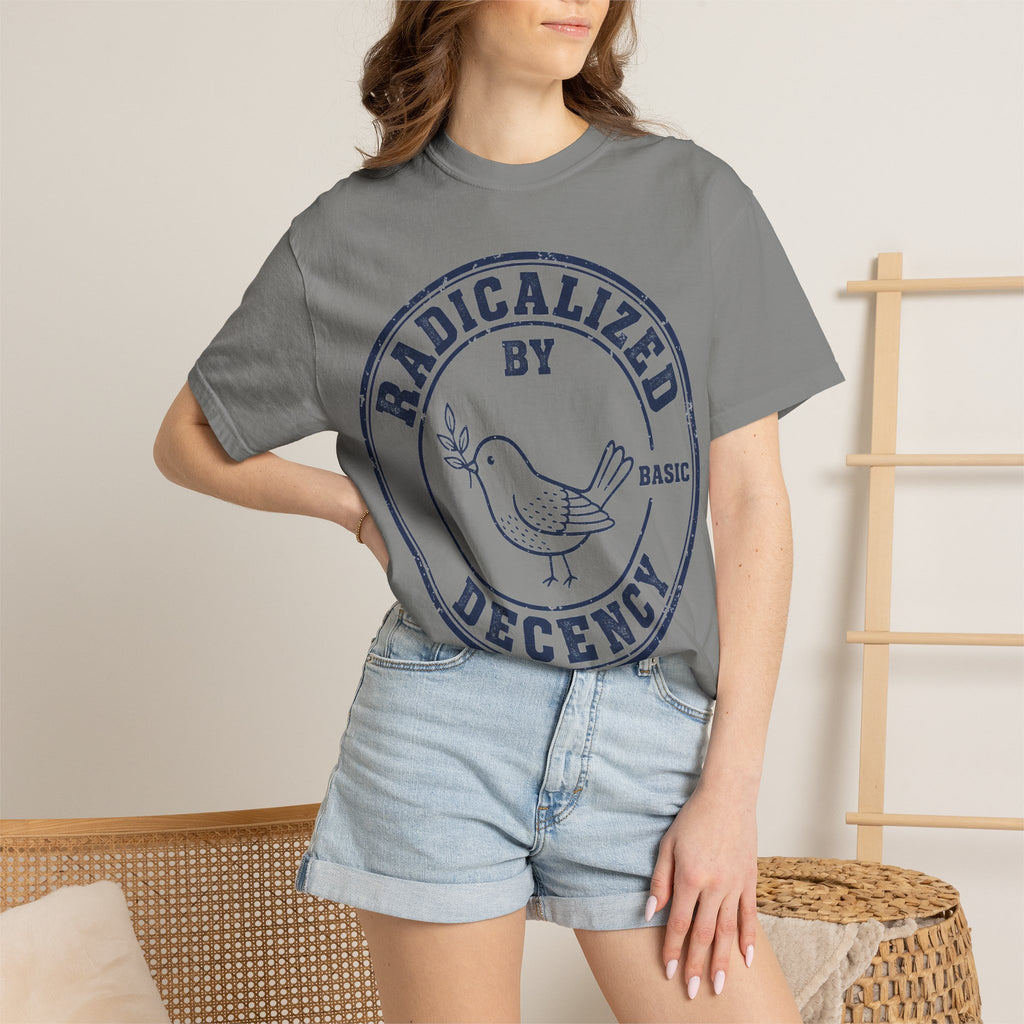 Radicalized By Basic Decency Navy Stamp Shirt, Line Art Dove Badge Tee, Kindness Protest Shirt, Activist Gift