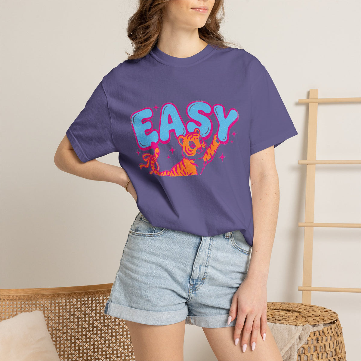 Easy Tiger Shirt, Y2K Bubble Letter Tiger Tee, Pink And Blue Retro Shirt, Funny Flirty Gift