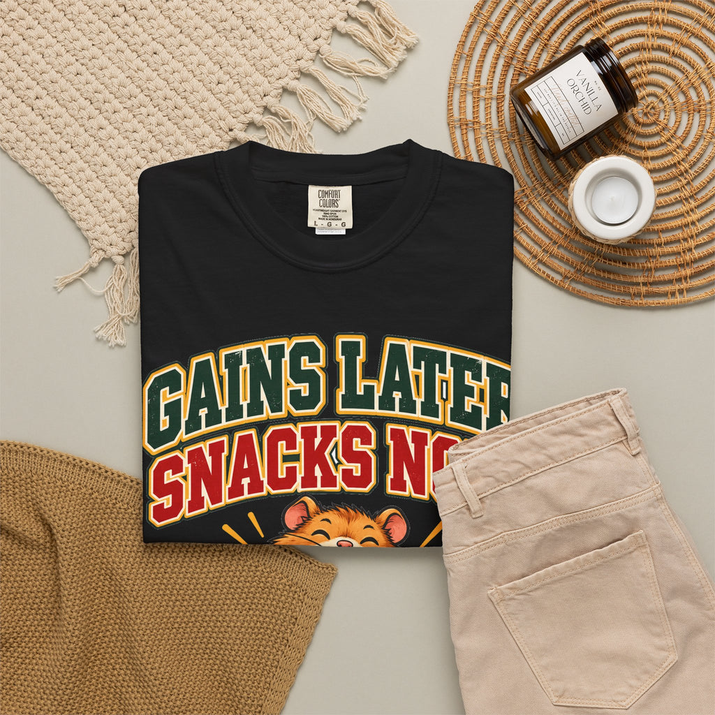 funny gym shirt Gains Later Snacks Now Shirt, Funny Graphic Shirt, Comfort Colors