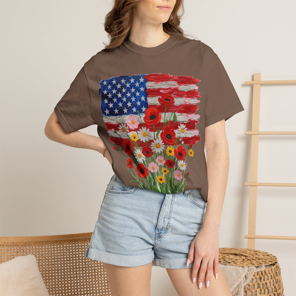 American Flag Poppy Bouquet Shirt, Impasto Patriotic Floral Tee, Memorial Day Shirt, Veterans Gift