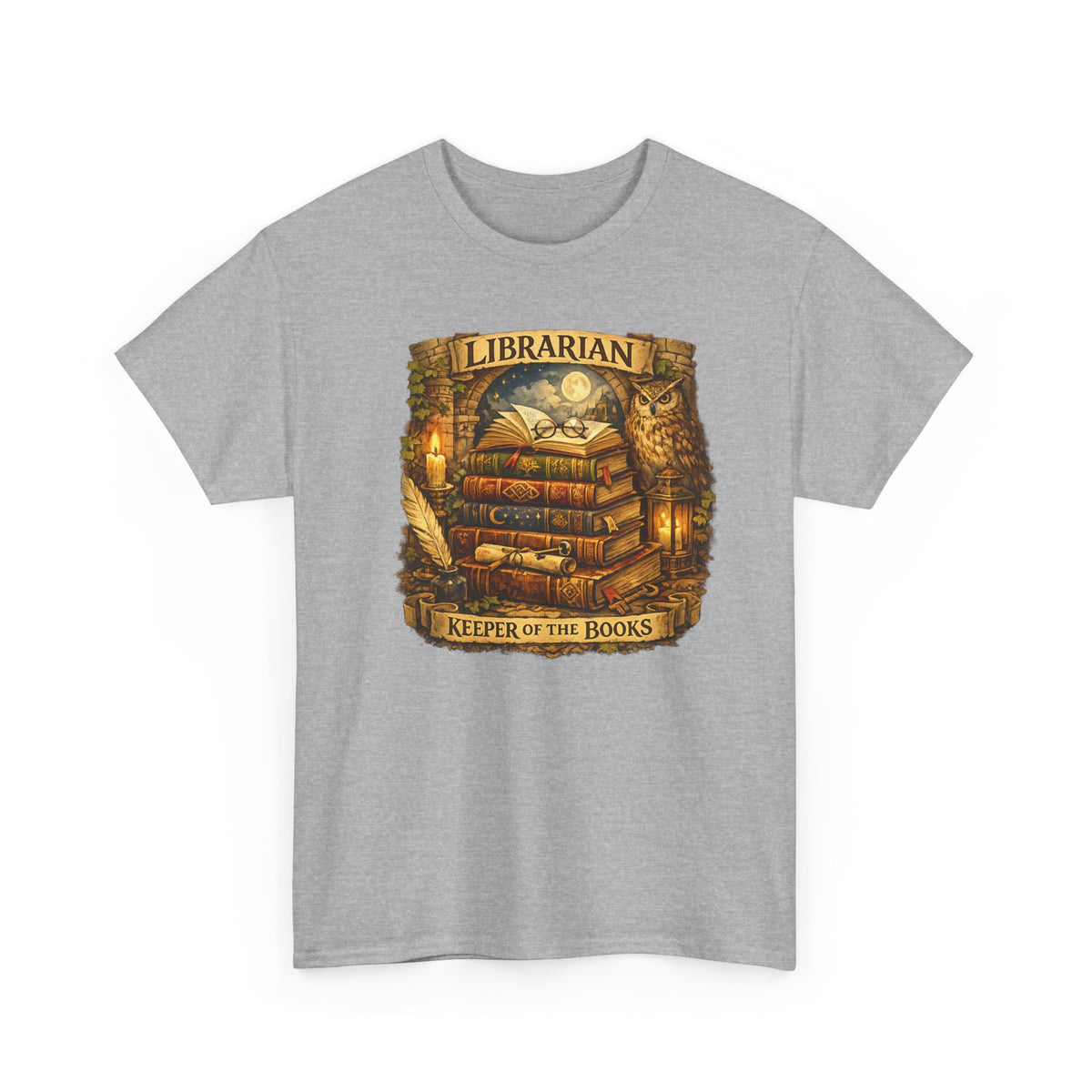 Librarian 'Keeper of the Books' T-Shirt — Vintage Bookstack & Owl Graphic