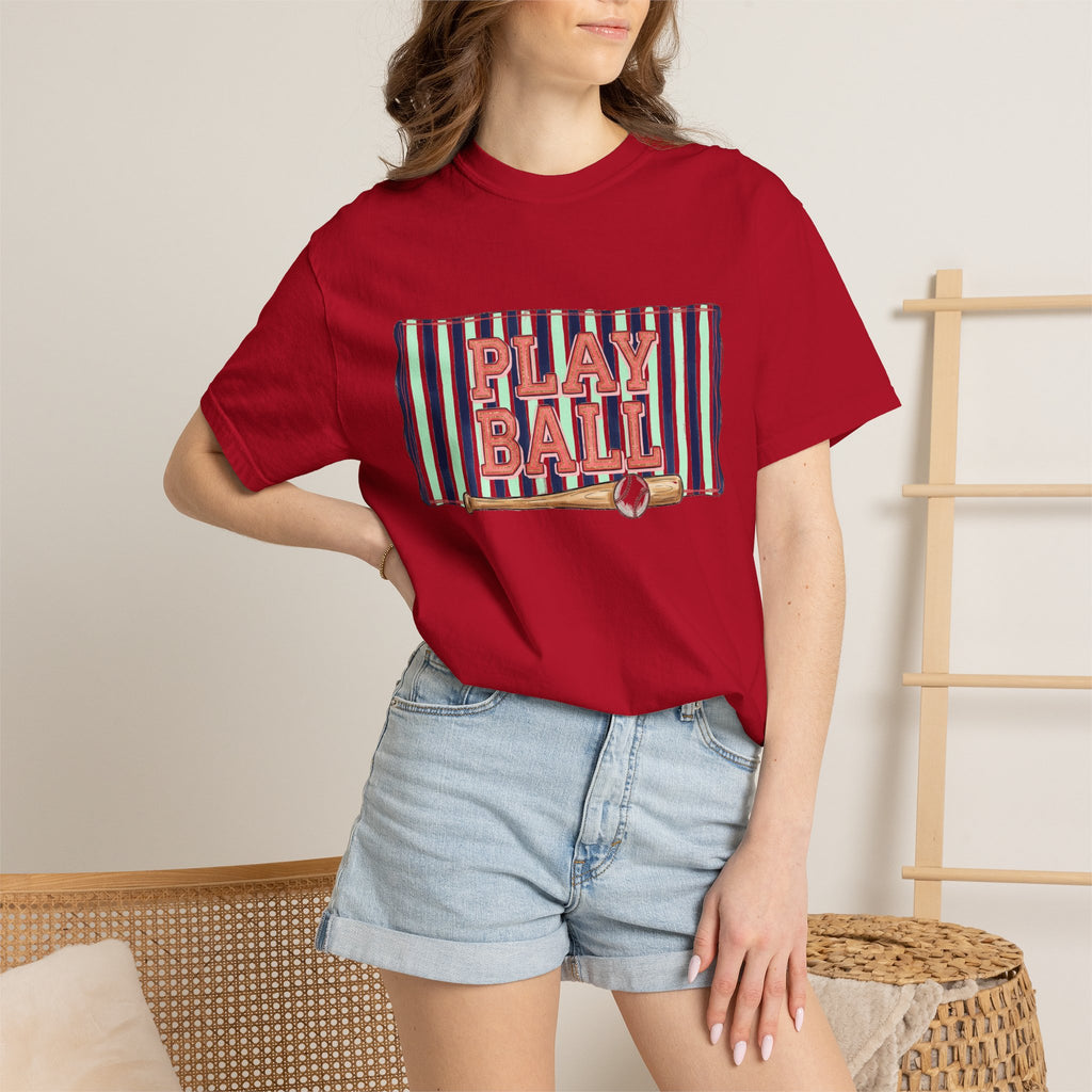 Play Ball Wide Stripe Shirt, Baseball Bat And Ball Tee, Vintage Game Day Shirt, Baseball Mom Gift