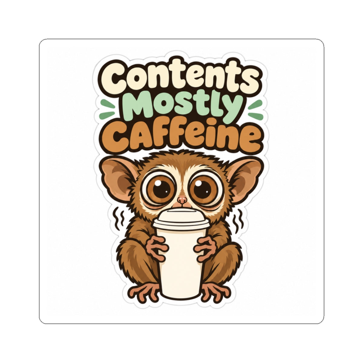 Contents Mostly Caffeine Sticker, Funny Coffee Decal, Cute Tarsier Water Bottle Sticker