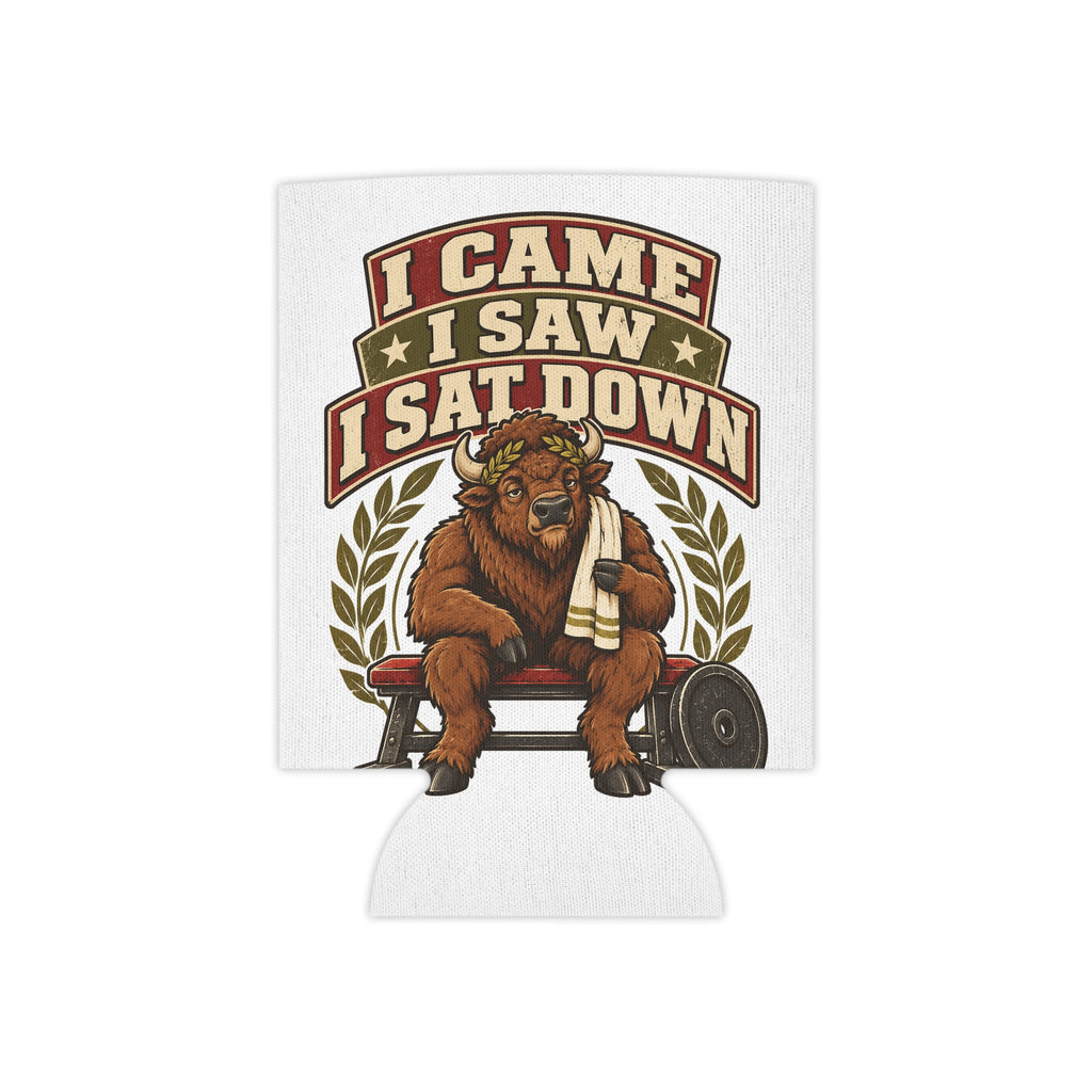 I Came I Saw I Sat Down Bison Can Cooler, Funny Beer Can Sleeve, Gym Gift Stocking Stuffer