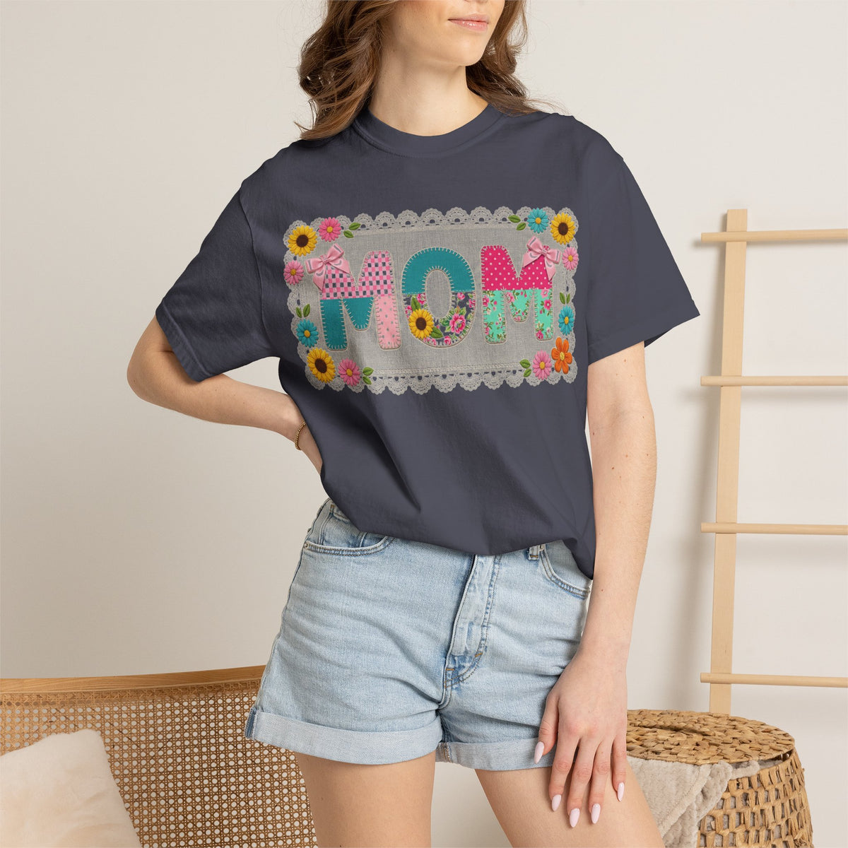 Mom Patchwork Applique Shirt, Faux Embroidery Floral MOM Tee, Mothers Day Shirt, Gift For Mom