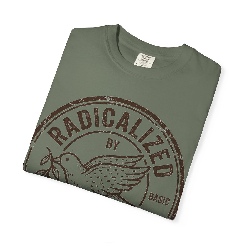Radicalized By Basic Decency Brown Stamp Shirt, Flying Dove Badge Tee, Kindness Activist Shirt, Ally Gift