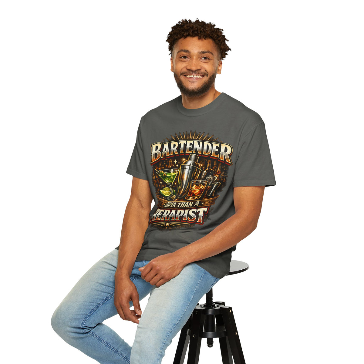Bartender T-Shirt — "Bartender: Cheaper Than a Therapist" Vintage Bar Graphic Tee