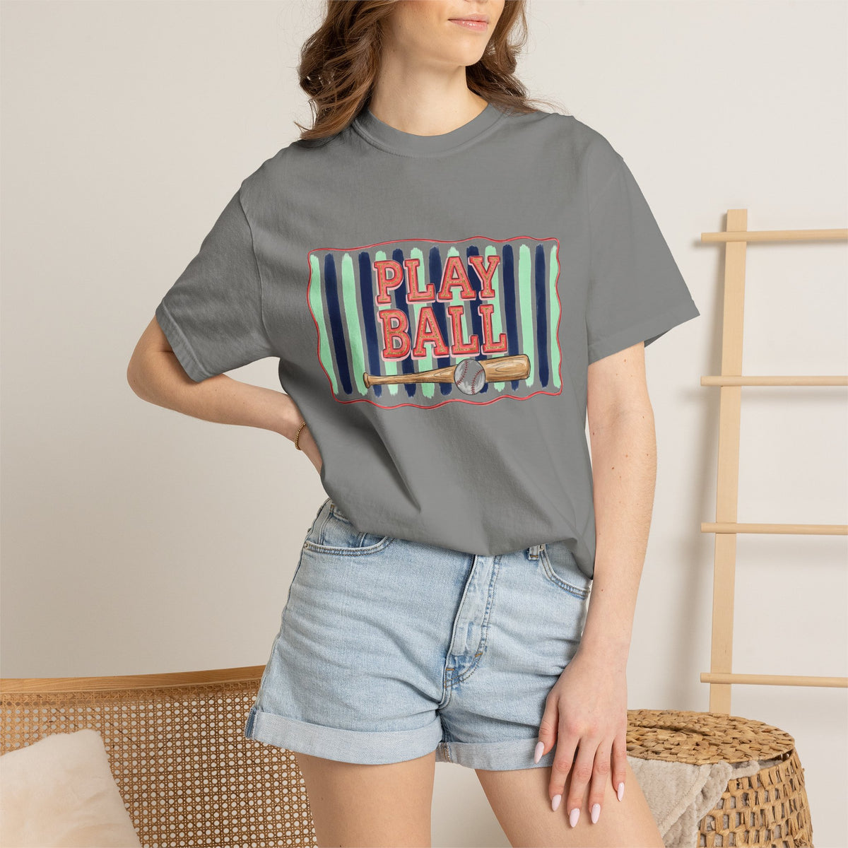 Play Ball Shirt, Painted Stripe Baseball Tee, Vintage Baseball Mom Shirt, Game Day Gift