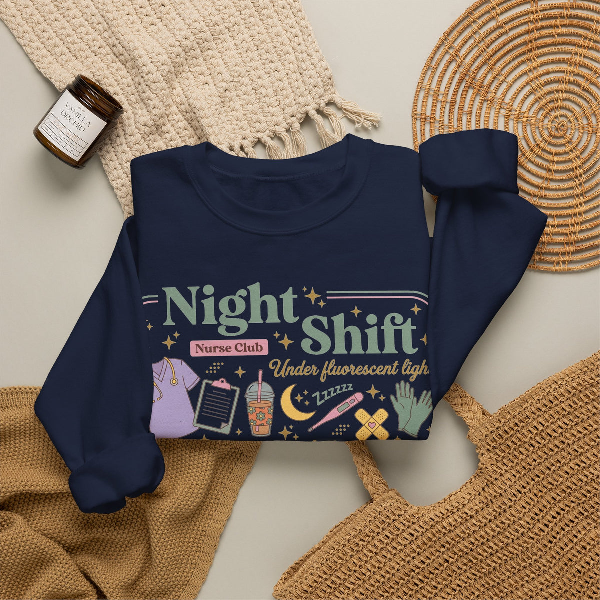 Night Shift Nurse Club Sweatshirt, Under Fluorescent Lights And Moonlight Sweatshirt, Retro Nurse Gift, Night Nurse Scrubs Doodle Sweatshirt