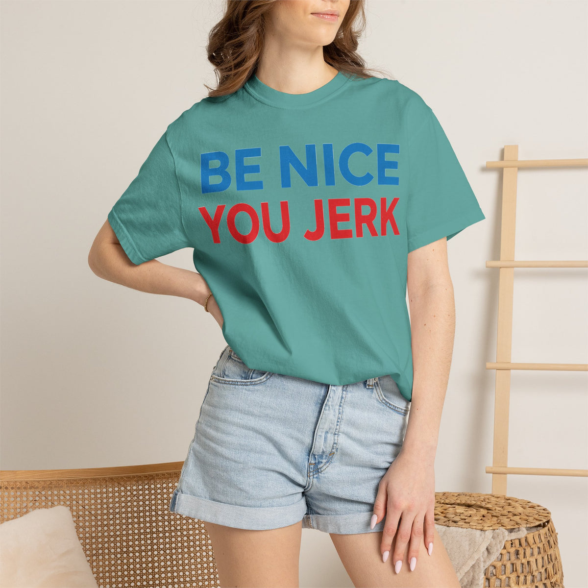 Be Nice You Jerk Wide Shirt, Funny Sarcastic Saying Tee, Light Blue And Red Shirt, Funny Friend Gift